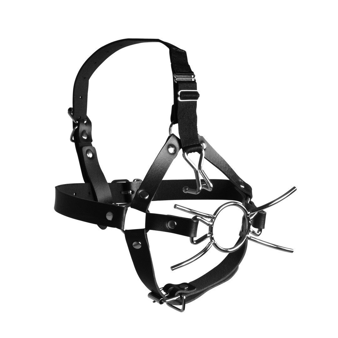 HEAD HARNESS WITH SPIDER GAG AND NOSE HOOKS - BLACK