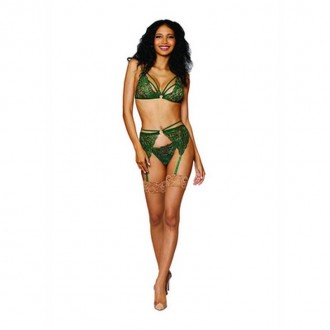 WOMEN'S METALLIC CORDED LACE 3 PIECE SET - ONE SIZE - GREEN