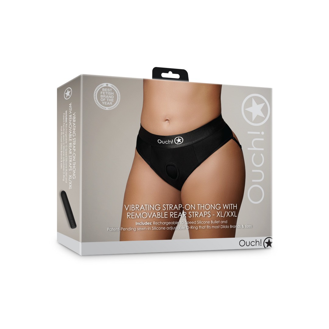 VIBRATING STRAP-ON THONG WITH REMOVABLE BUTT STRAPS - XL/XXL - BLACK