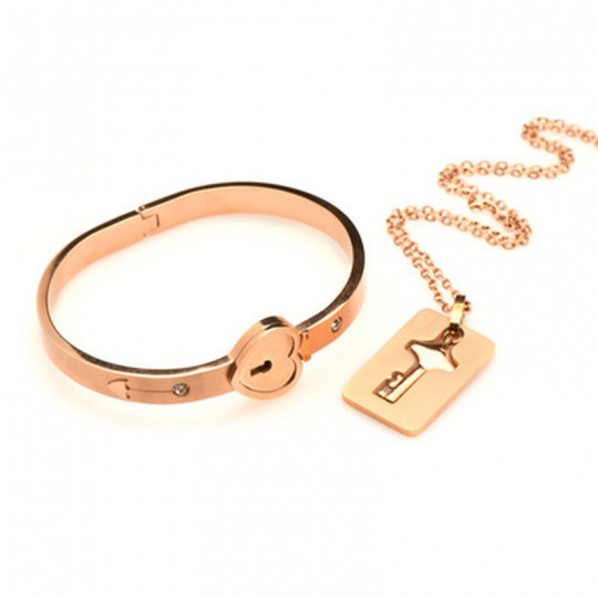 CUFFED LOCKING BRACELET AND KEY NECKLACE - ROSE GOLD