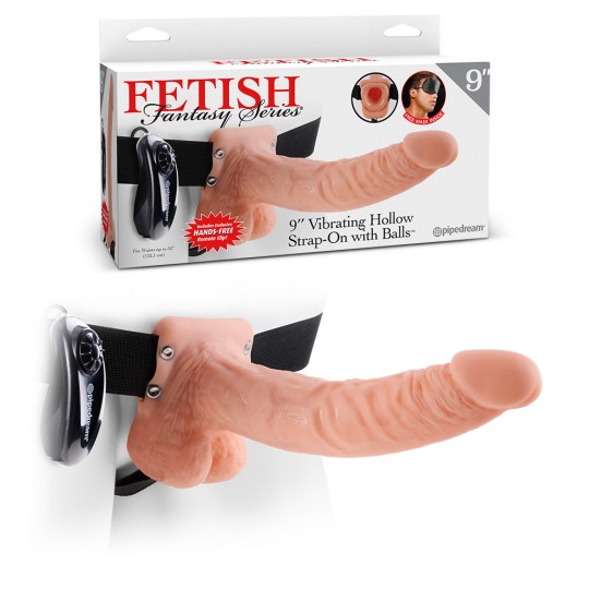 STRAP-ON HUECO CON VIBRACIÓN Y TESTICULOS 9&quot; FETISH FANTASY SERIES BLANCO