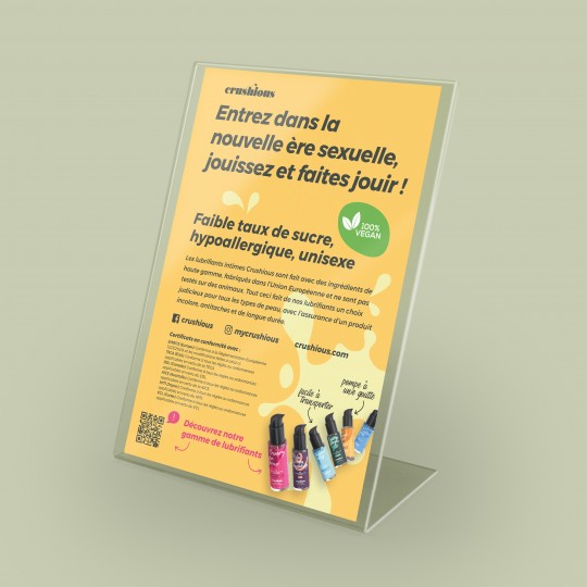 EXPOSITEUR ROTATIF CRUSHIOUS AVEC FLYER DE PRÉSENTATION LUBRIFIANTS FRANÇAIS