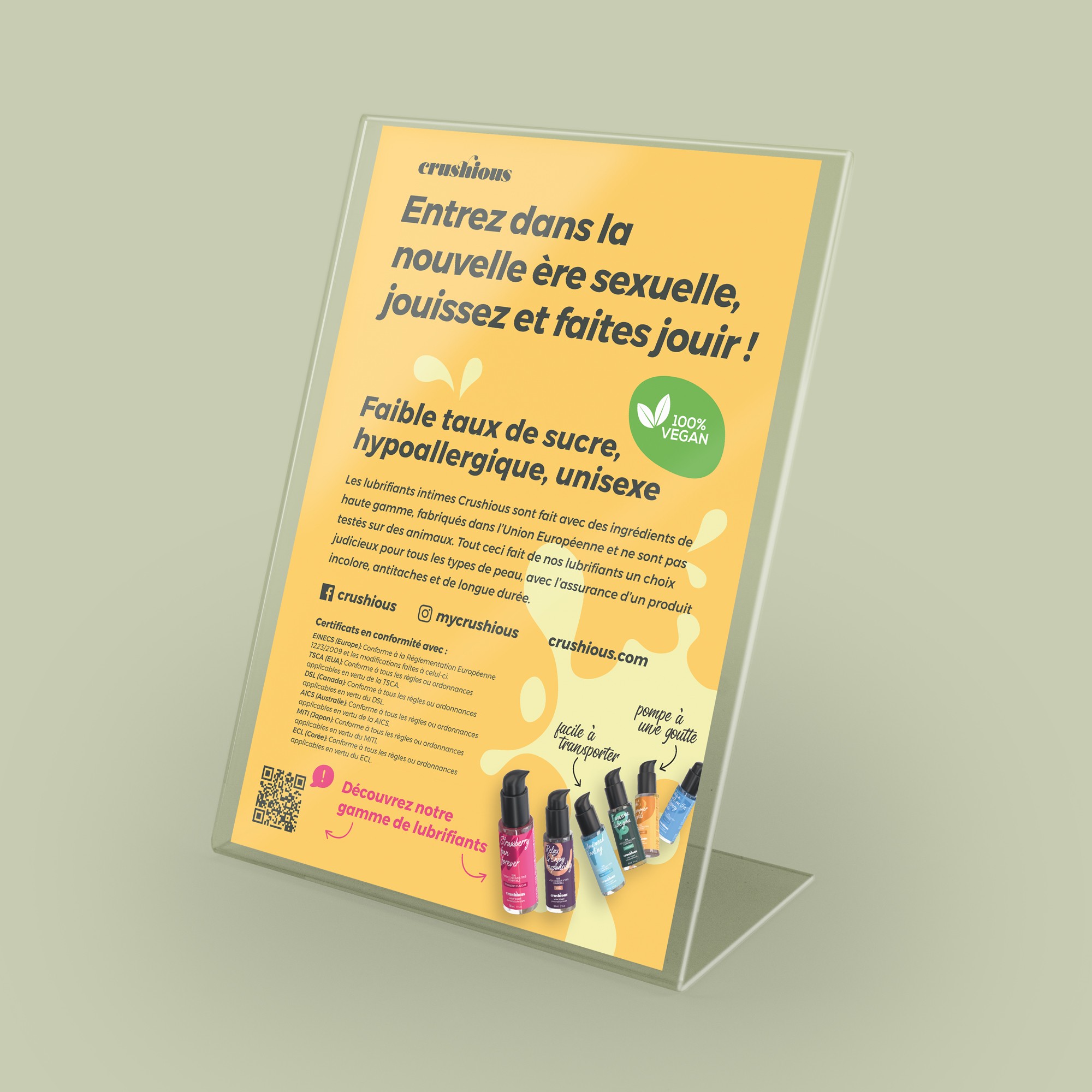 EXPOSITEUR ROTATIF CRUSHIOUS AVEC FLYER DE PRÉSENTATION LUBRIFIANTS FRANÇAIS