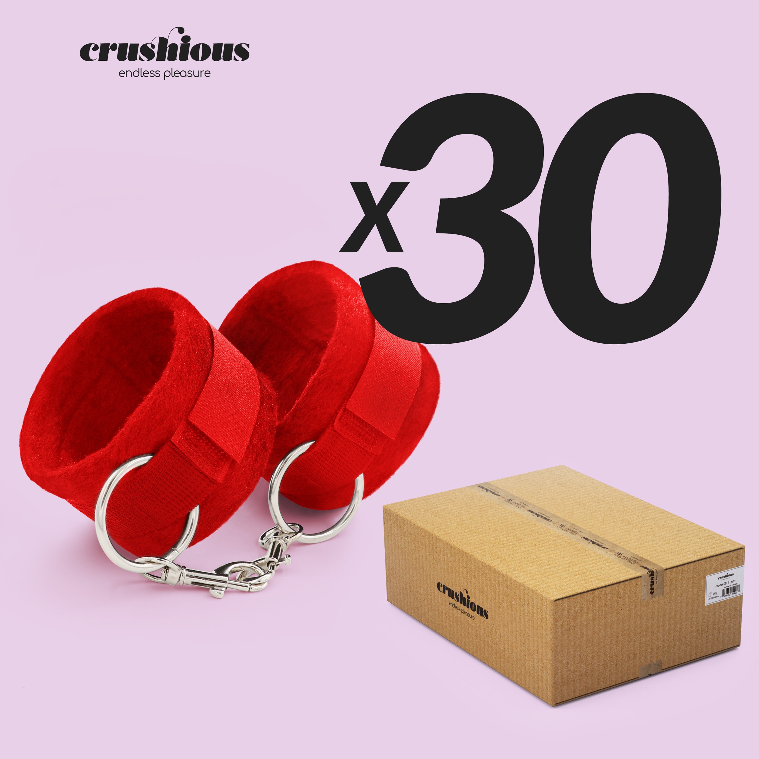 PACK OF 30 TOUGH LOVE VELCRO HANDCUFFS WITH EXTRA 40CM CHAIN CRUSHIOUS RED