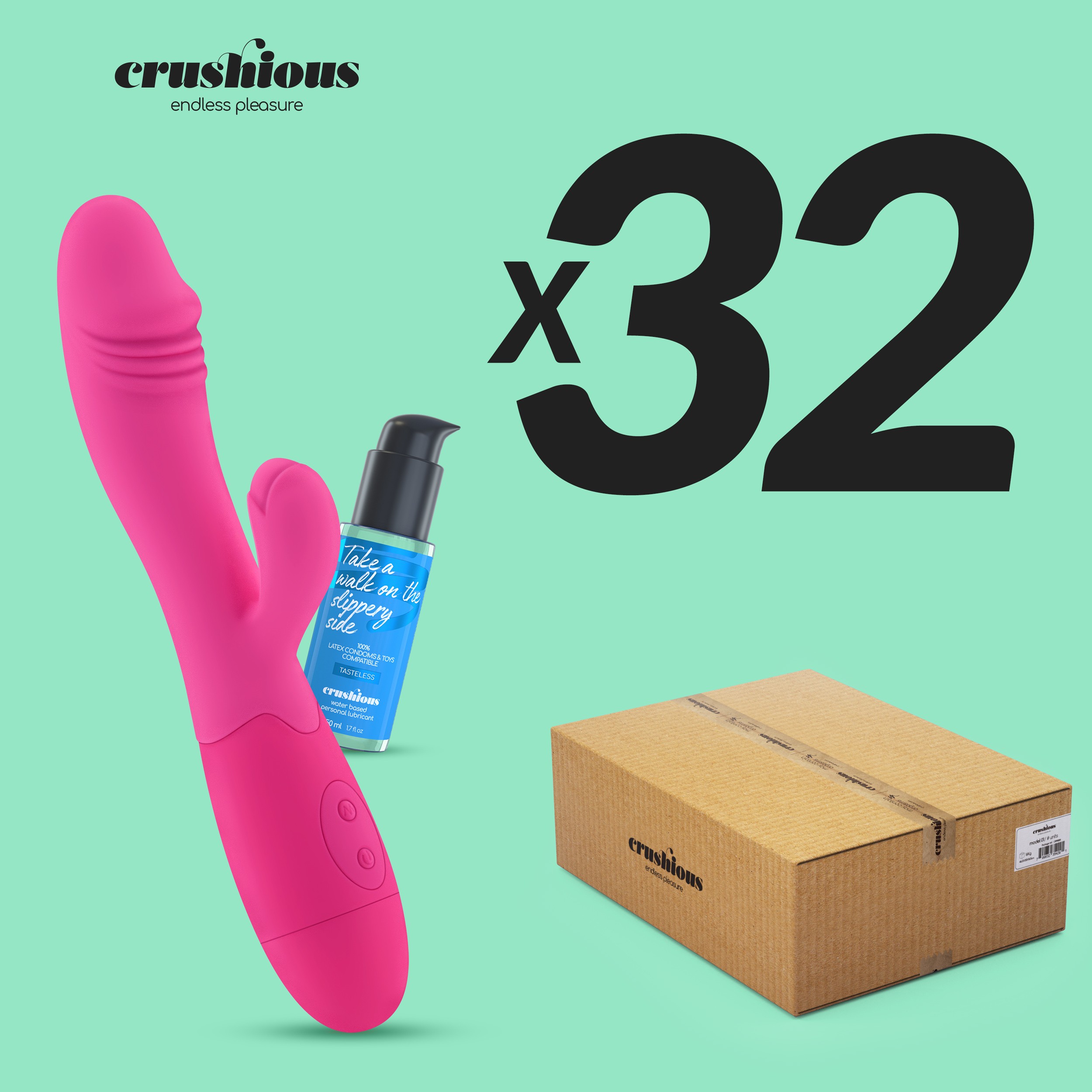 PACK 32 VIBRADOR RECARREGÁVEL COM ESTIMULADOR DE CLITÓRIS BLOSSOMS ROSA CHOQUE E LUBRIFICANTE À BASE DE ÁGUA INCLUÍDO CRUSHIOUS