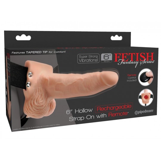 ARNÊS COM DILDO OCO RECARREGÁVEL 6&quot; HOLLOW RECHARGEABLE STRAP-ON COM COMANDO FETISH FANTASY SERIES