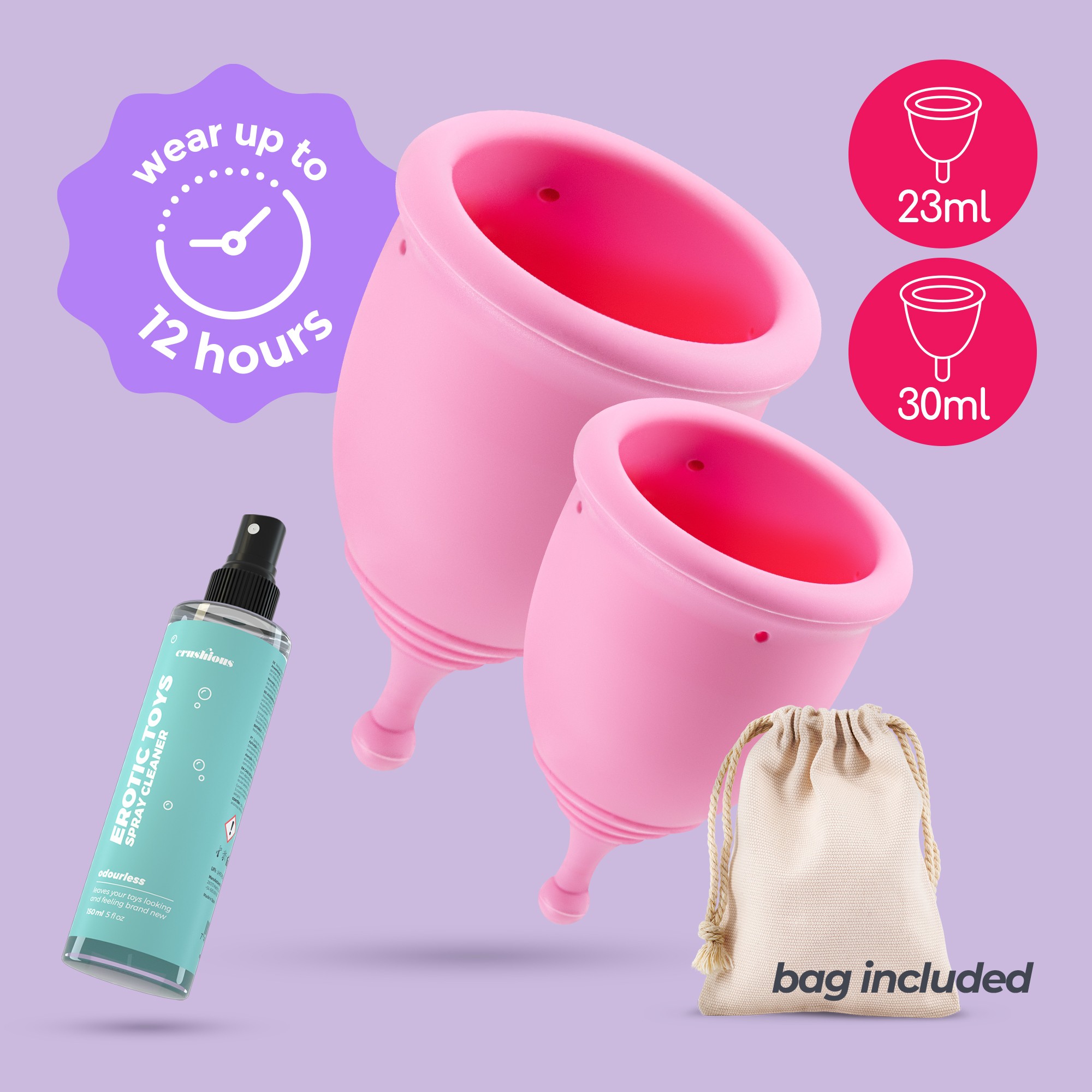 CRUSHIOUS MINERVA S + L MENSTRUAL CUPS WITH POUCH AND TOY CLEANER 150 ML