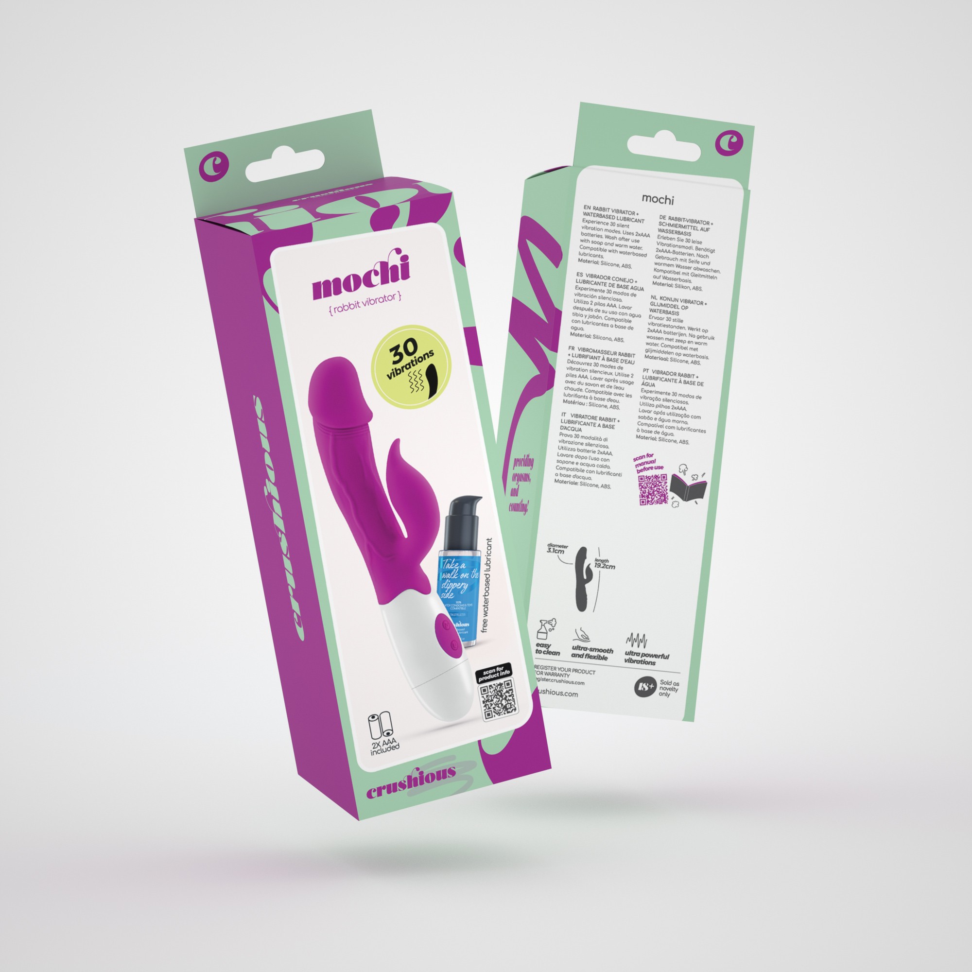 VIBRADOR CON ESTIMULADOR DE CLÍTORIS MOCHI MORADO Y LUBRICANTE DE BASE AGUA INCLUIDO CRUSHIOUS