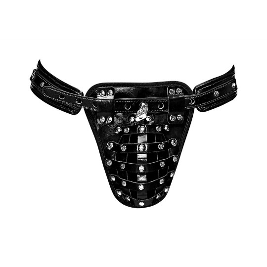 TAURUS - IMITATION LEATHER CHASTITY CAGE THONG - ONE SIZE - BLACK