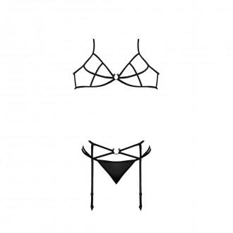 BRA, GARTER AND G-STRING SET WITH RINGS AND STRAPS BLACK