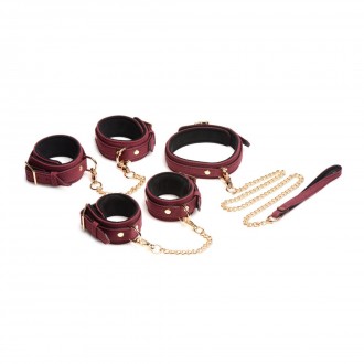 6-PIECE VELVET BURGUNDY BONDAGE SET WITH CUFFS, COLLAR AND BELT