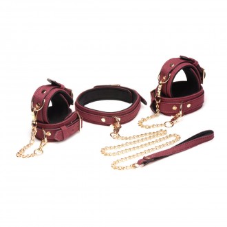 6-PIECE VELVET BURGUNDY BONDAGE SET WITH CUFFS, COLLAR AND BELT