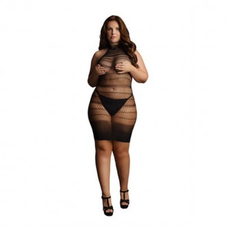 HIGH LACE NECK NET MINI DRESS - PLUS SIZE