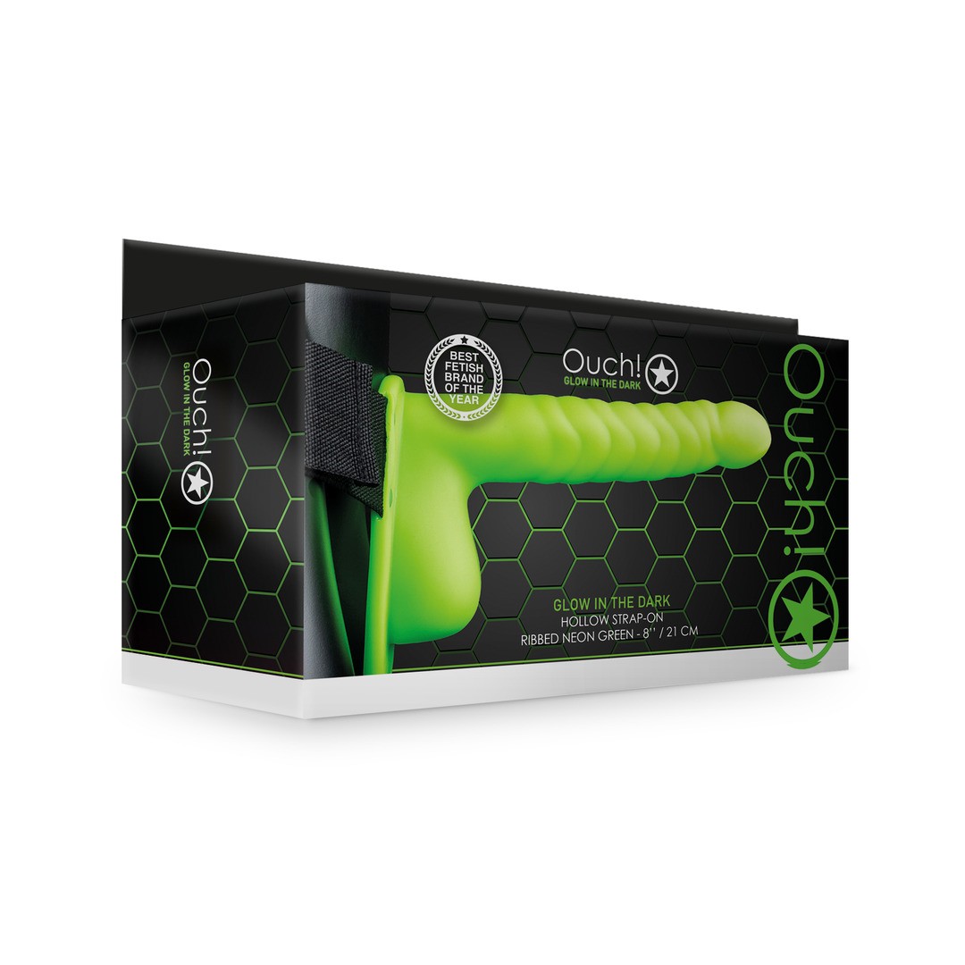 GLOW IN THE DARK RIBBED HOLLOW STRAP-ON WITH BALLS - 8 / 21 CM