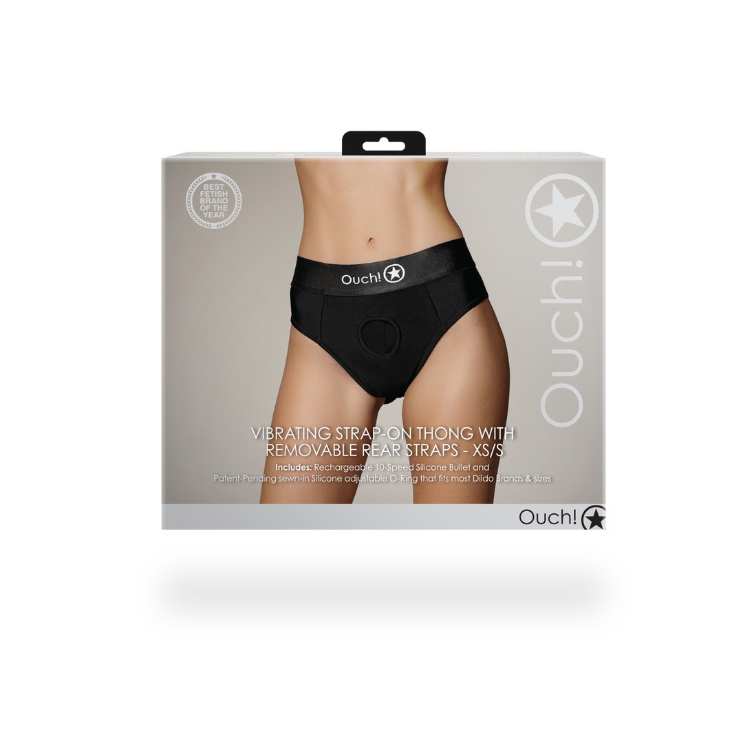 VIBRATING STRAP-ON THONG WITH REMOVABLE BUTT STRAPS - BLACK